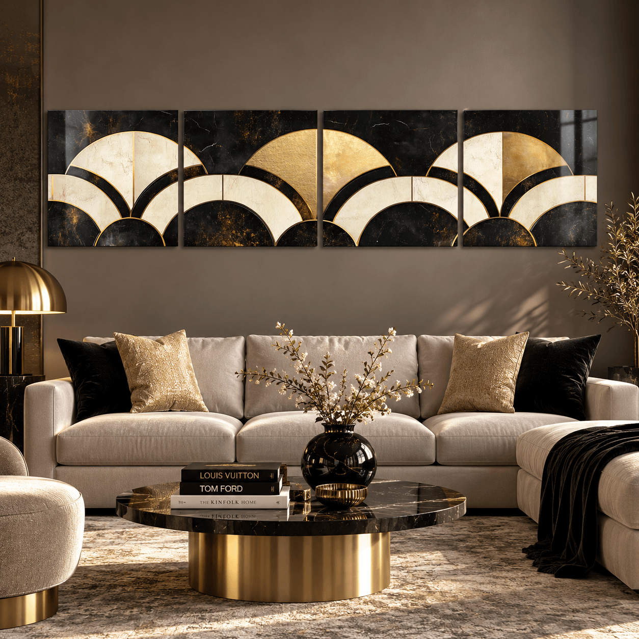 Gold and black scalloped 4-piece glass wall art above a beige living room sofa